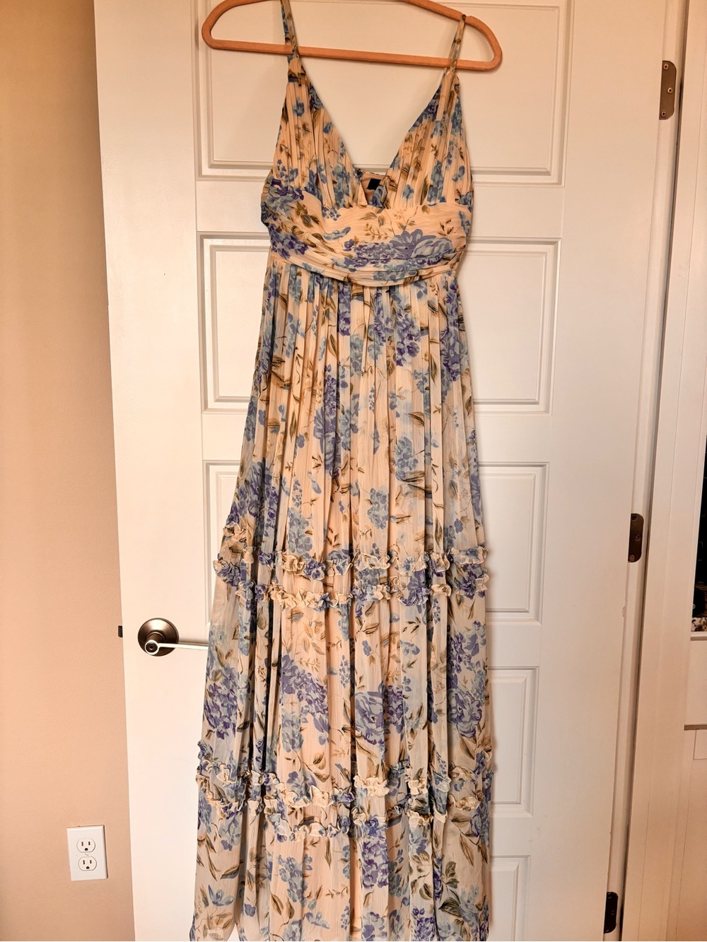 Lulu's Cream Maxi Dress with Blue Floral Print
